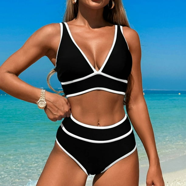 Traje de baño para mujer, traje de baño de color liso con cuello en V para mujer, bañador tipo bikini dividido, traje de baño para mujer