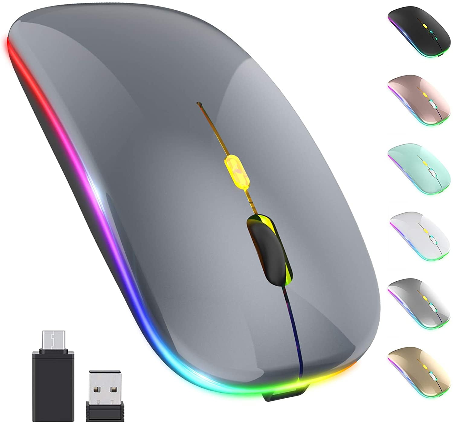 G12 Slim Rechargeable Wireless Silent Mouse 2.4G Portable USB Optical Wireless Computer Mice with USB Receiver and Type C Adapter LED Wireless Mouse Purple