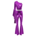 thumbnail image 3 of inlzdz Womens Shiny Metallic Disco Outfits One Shoulder Flared SlJumpsuits Purple S, 3 of 5