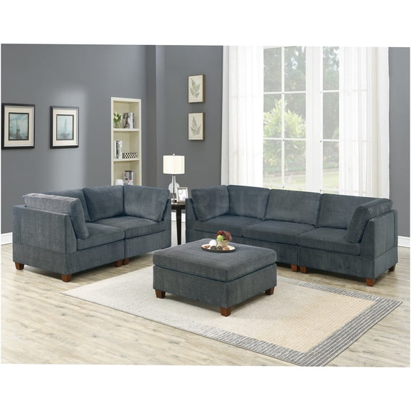 JERFIT Grey Chenille Modular Sectional Sofa Set with Ottoman, 6-Piece L-Shaped Couch Set for Living Room, Modern Furniture with Chaise Lounge