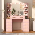 thumbnail image 6 of Pink Vanity Desk with Mirror & LED Lights, Glass Top Vanity Desk with Charging Station & Compartment Storage Drawers, 43" Large Makeup Vanity Table with 9 Drawers & 6 Shelves, 6 of 7