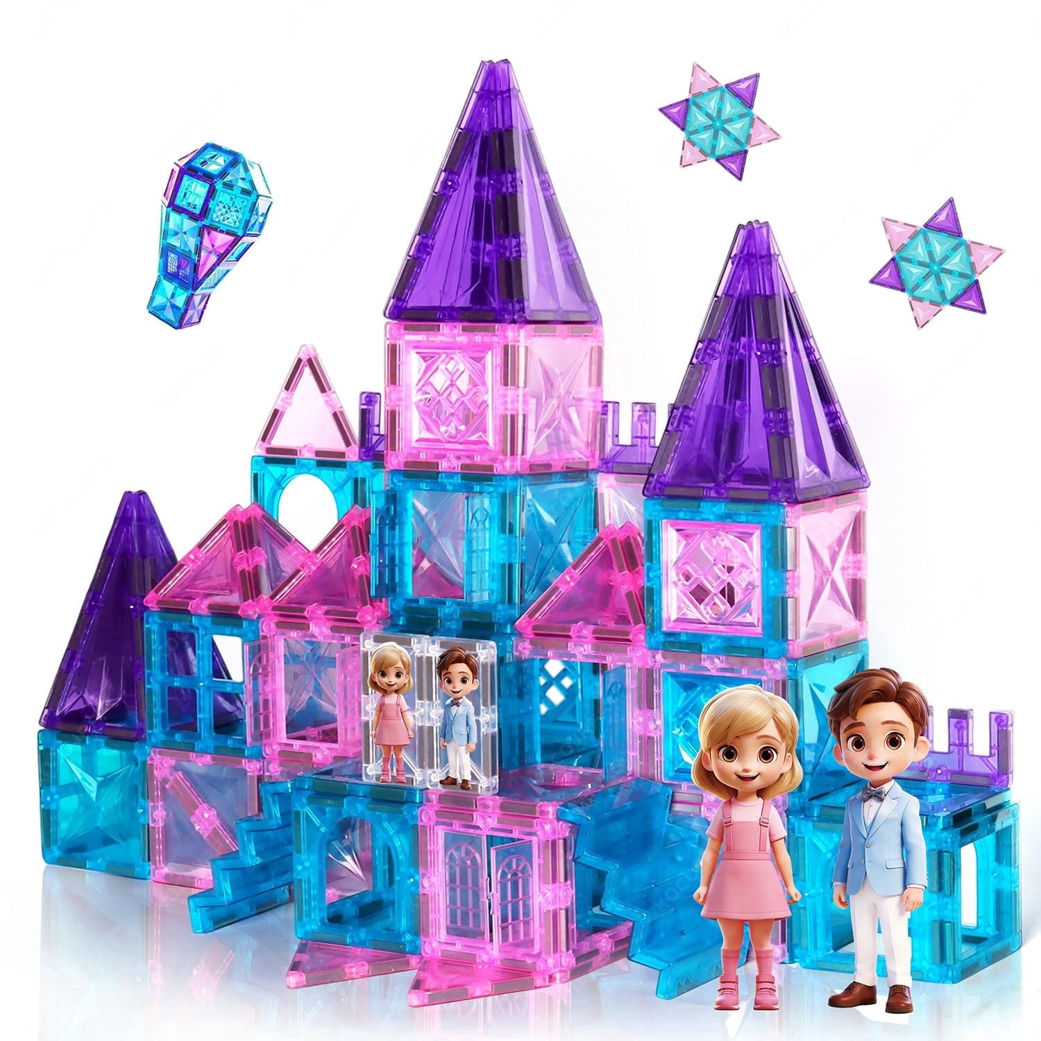 58PCS Princess Castle Building Blocks, Faceted Diamond STEM Toys for Kids Age 3-8, Fairy Tale Construction Set with Prince Princess Figures and Stairs, Creative Portable Playset