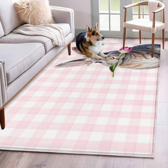 Area Rugs 2.7'x5', Pink Easter Carpet for Living Room Bedroom Dining Room, Bunny Tulip Checkered Elegant Pastoral Throw Kitchen Rugs Non Slip Washable Rectangle Indoor Outdoor Rugs