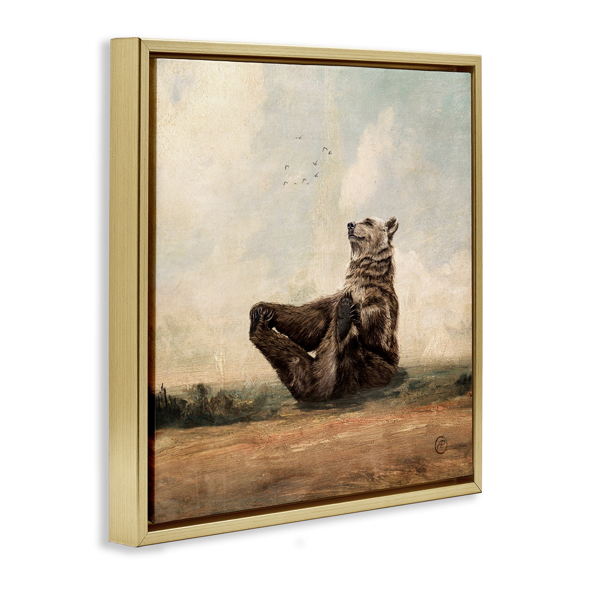 Stupell Industries Bear Holding Paws Watching Sunset Animals & Insects Painting Gold Floater Framed Canvas Art Print Wall Art, 25 x 25