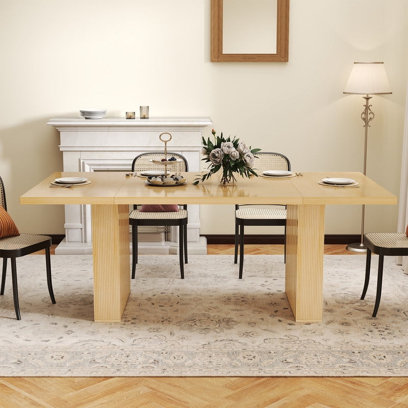 Hawsaiy 78" Rectangular Farmhouse Dining Table for 6–8, Large Kitchen Table with Grooved Wood Base, Thick Waterproof Top for Dining Room, Natural