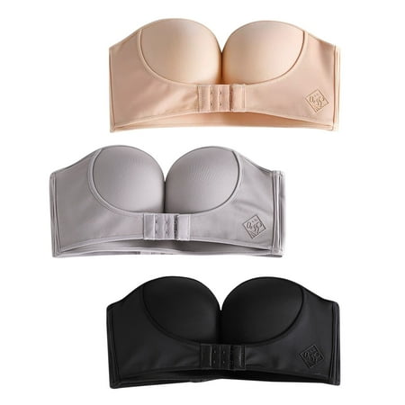 

Womens 3PCS Solid Color Strapless Non Slip Adjustment Rimless Dress Bra Black+Gray+Beige