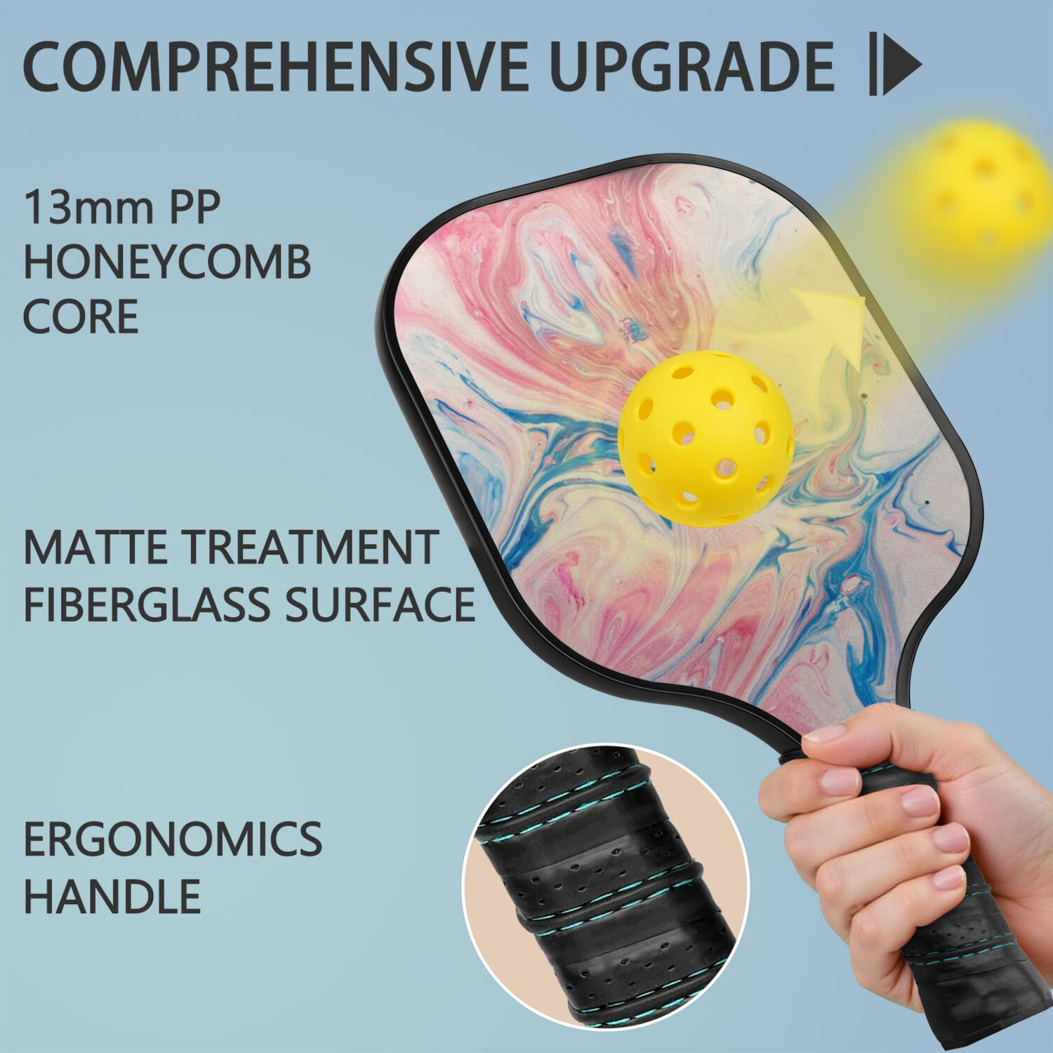 Pickleball Paddles Set Of 1, Fiberglass Surface, Liquid & Marble Print, 1 Paddles, 2 Balls & Bag