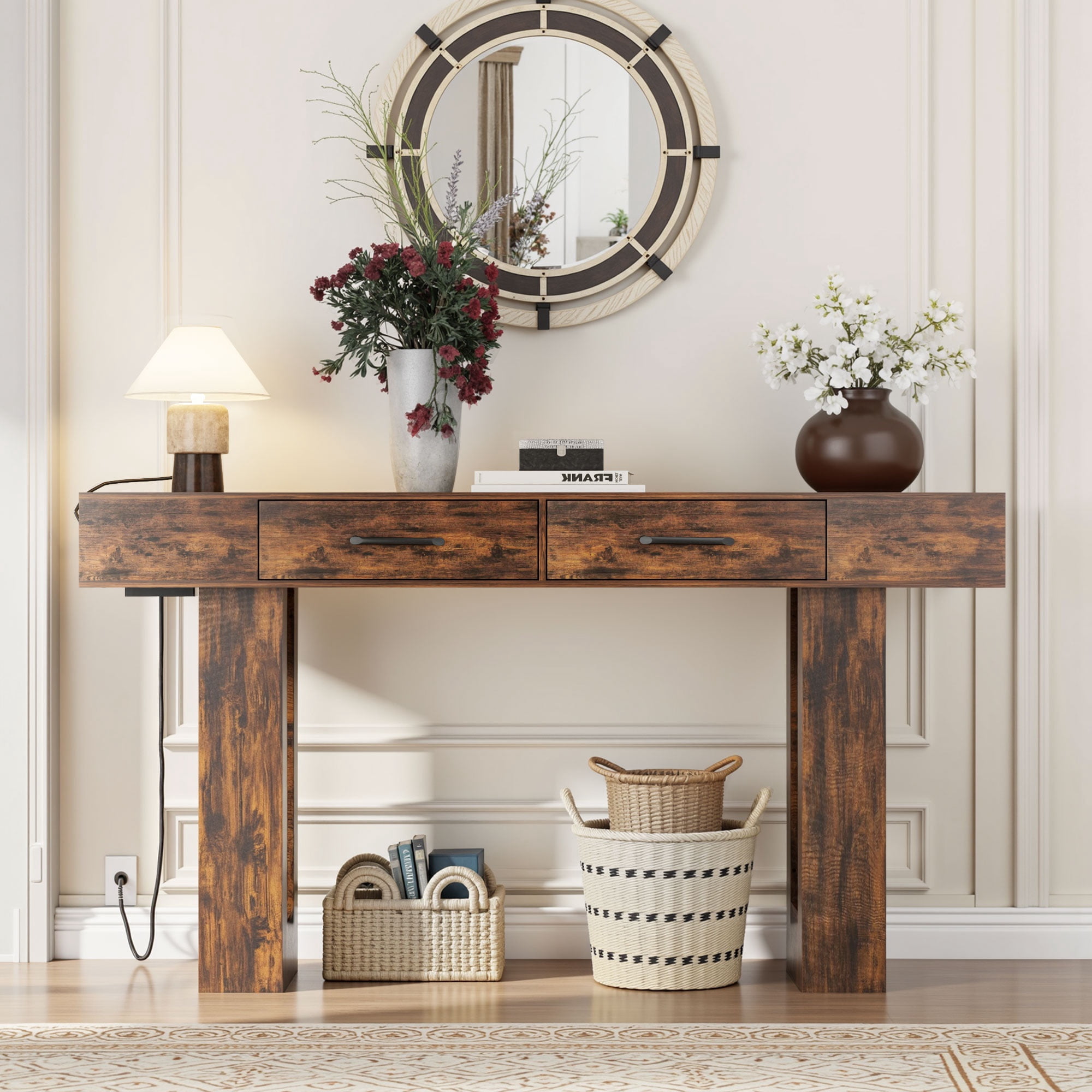 63" Long Console Table for Entryway, Holaki Console Table with Charging Station and 2 Drawer, Wooden Rectangular Sofa Table Behind Couch, Farmhouse Entryway Table for Hallway Living Room Entrance