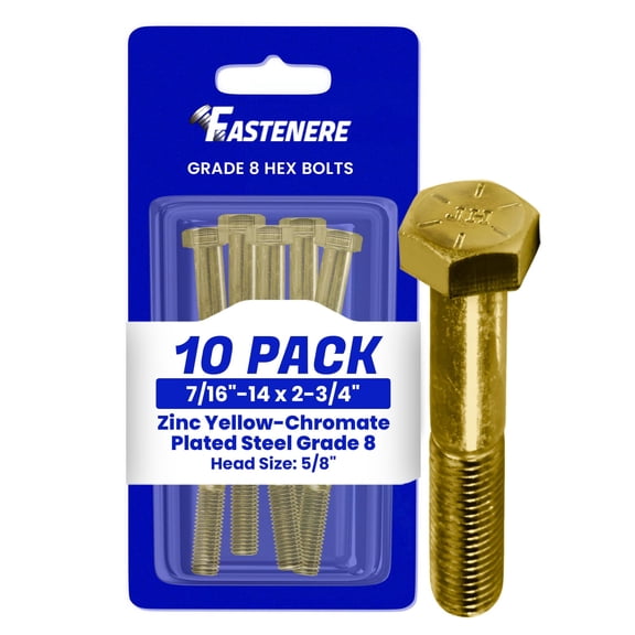 Fastenere 7/16"-14 x 2-3/4" Hex Bolts Grade 8 Zinc Yellow-Chromate Plated Steel, Partial Threaded Durable Hex Bolts for Machinery & Construction, Rust-Resistant, Heavy-Duty Fasteners, Pack of 10