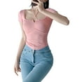 thumbnail image 3 of Arvbitana Women's Summer Basic Ribbed Crop Tops Short Sleeve U-Neck Tie-Up Slim Shirts Blouses Solid Color Fitted Tank Camisole for Daily Life, 3 of 9
