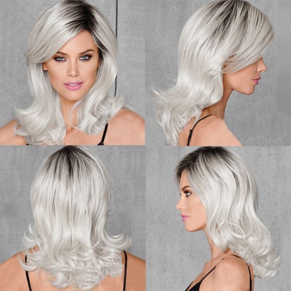 Women's Long Curly Black Silver-Gray Wig, 45cm Medium-Length Curls, Synthetic Fashion Wig for Halloween, Christmas, Cosplay, Party, Holiday, New Year's Eve Wedding, Halloween, Christmas,Season, Anni