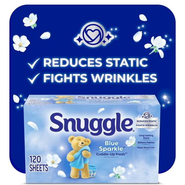 Snuggle Blue Sparkle Cuddle-Up Fresh Dryer Sheets box with 120 sheets, featuring the Snuggle bear holding a blue blanket on a light blue background with white floral petals, highlighting benefits like reduces static, fights wrinkles, softens fabric, long-lasting scent, helps repel lint, and HE compatible fabric softener sheets.