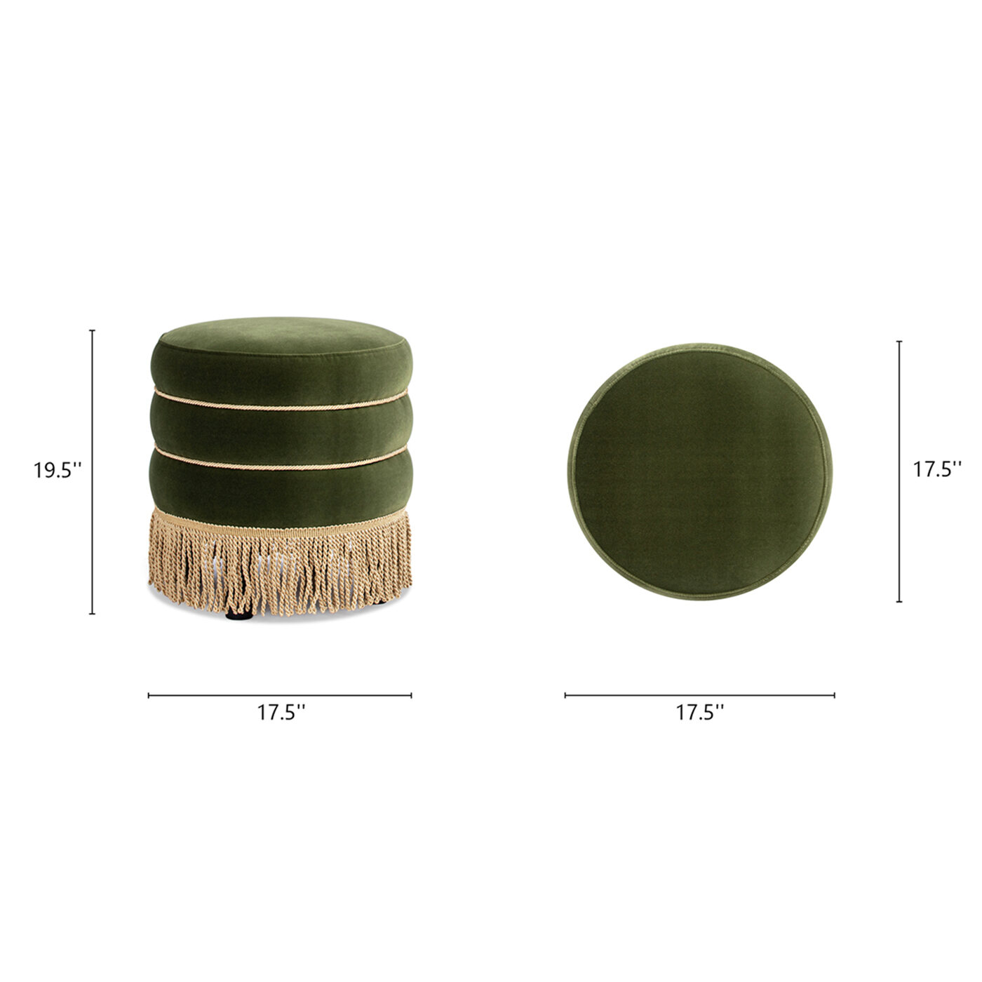 Ottomans With Storage Edward 17.5" Round Upholstered Ottoman with Bullion Fringe, Olive Green Performance Velvet,Living Room Ottomans