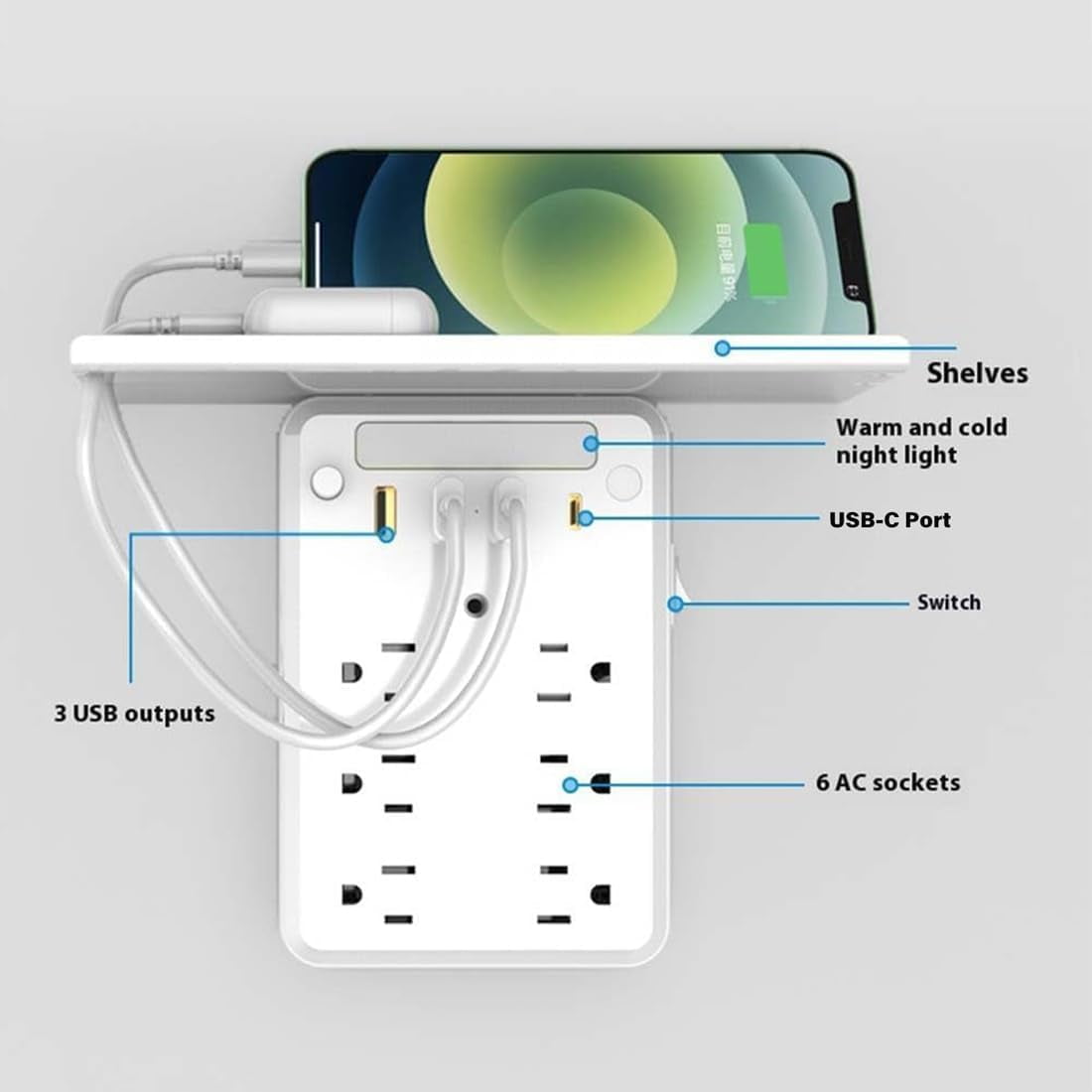 11 in 1 Wall Outlet Extender with Shelf Night, Surge Protector Power Strip with USB Ports, Flat Plug Power Strip, Multi Plug Wall Outlet for Home & Office & Travel Outdoor (2PCS)