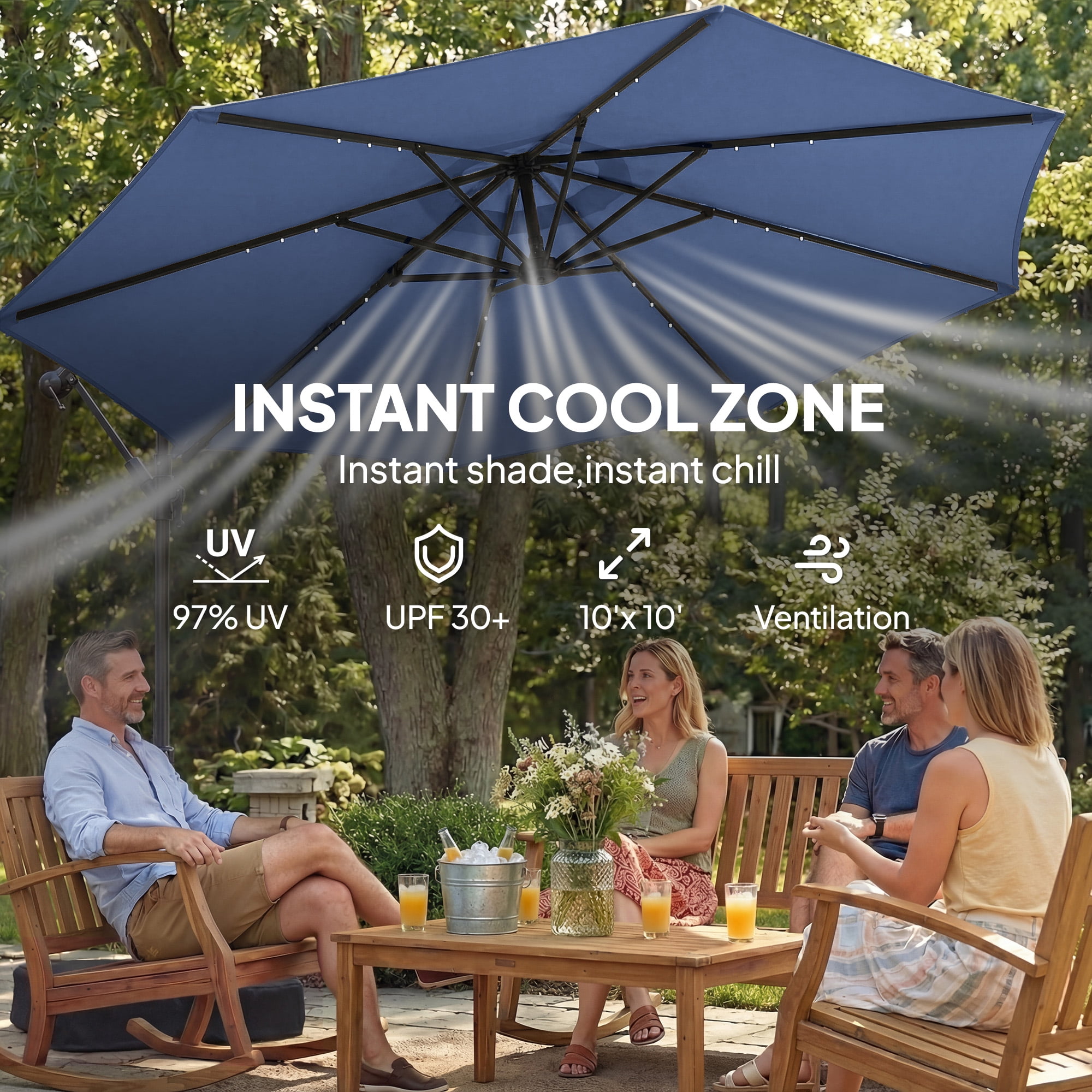 Outsunny 10 ft Cantilever Patio Umbrella with Solar LED Light, Sandbag Weight, Offset Hanging Outdoor Umbrella with Protective Cover, Dark Blue