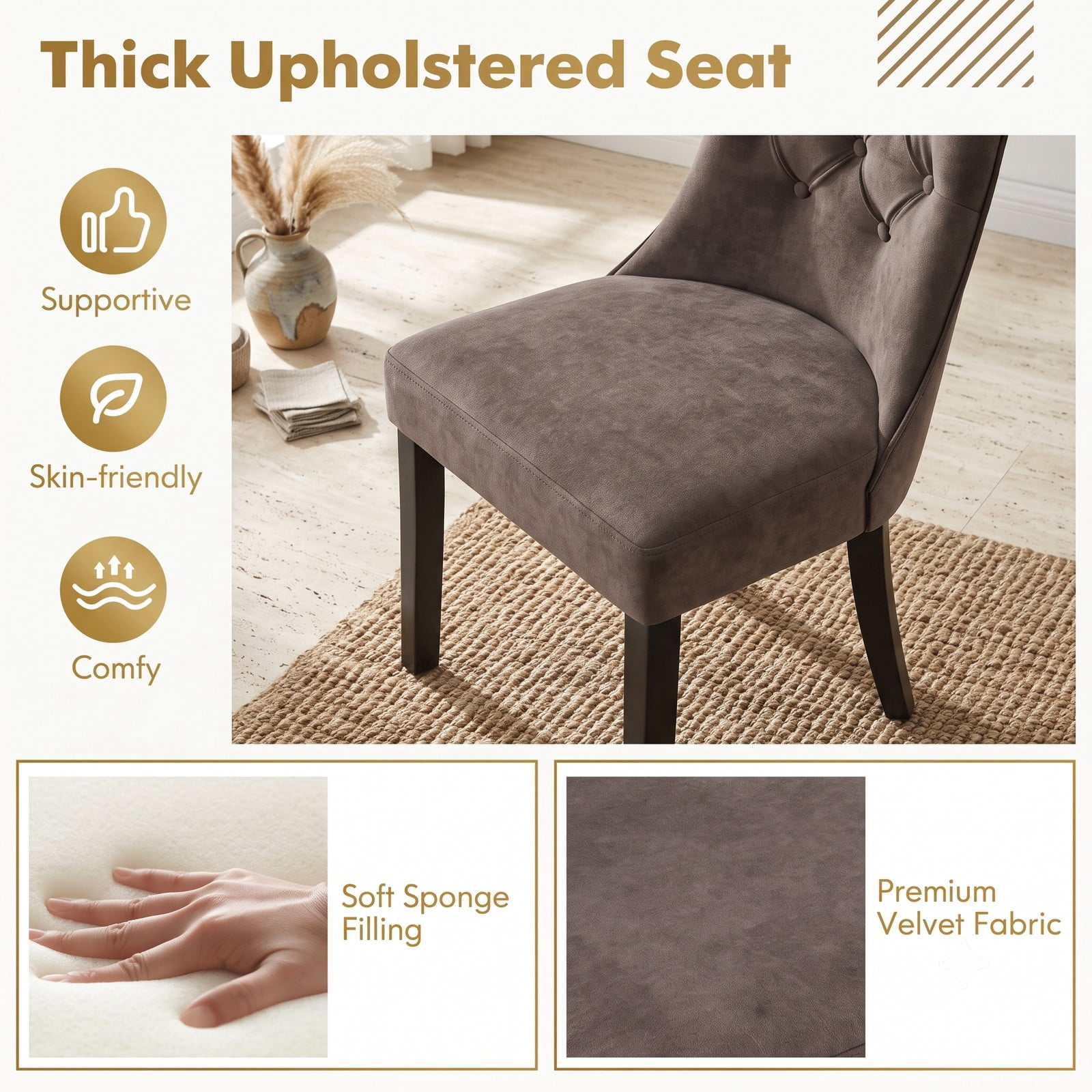 Furnibear Tufted Dining Chairs Set of 2, Upholstered Velvet Accent Side Chairs with High Backrest, Padded Seat and Rubber Wood Legs for Kitchen Living Room, Light Gray
