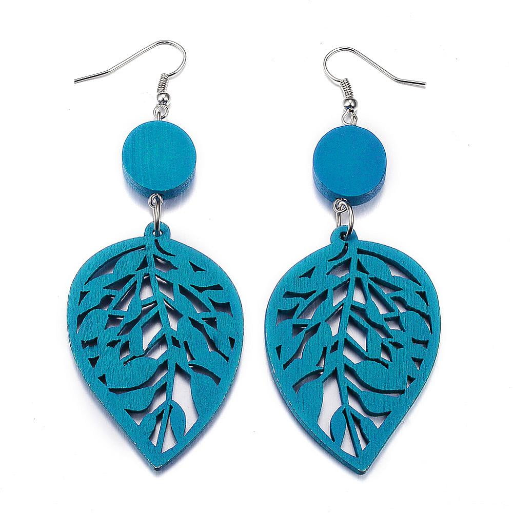 Trendy Leaf Wood Dangle Earrings with Platinum Tone Alloy Earring Hooks Mixed Color 89~92x34~36mm pin: 0.8mm diy