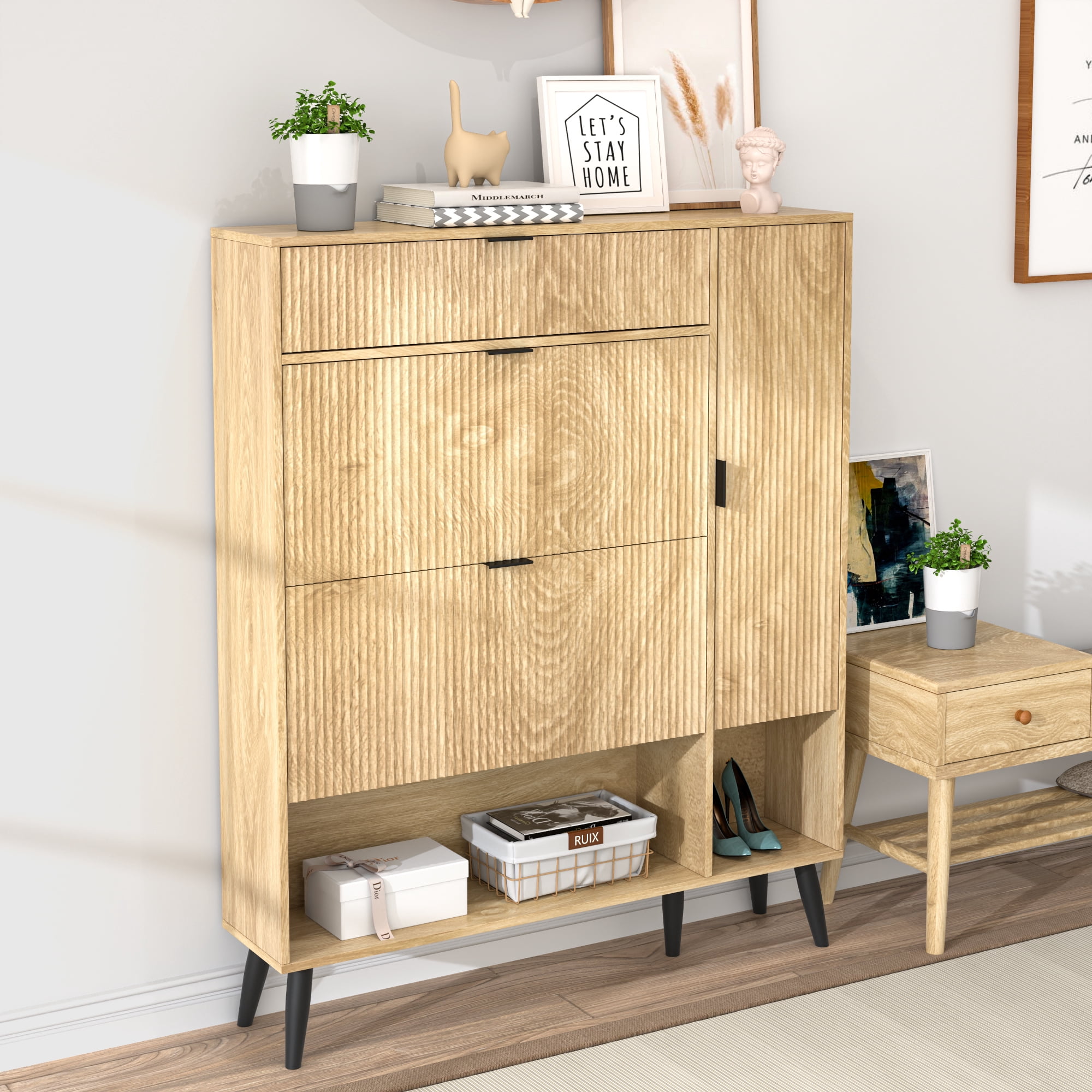 Furtivusia Shoe Storage Cabinet with 2 Flip Drawers, Freestanding Shoe Rack Shoe Cabinet for Entryway, Shoe Rack Organizer for Living Room, Wood Color