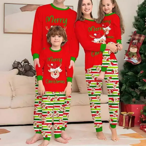 Onlypjs Matching Family Christmas Pajamas Set – Red "Merry Christmas" Reindeer Tops & Festive Striped Pants for Women, Men, Couples