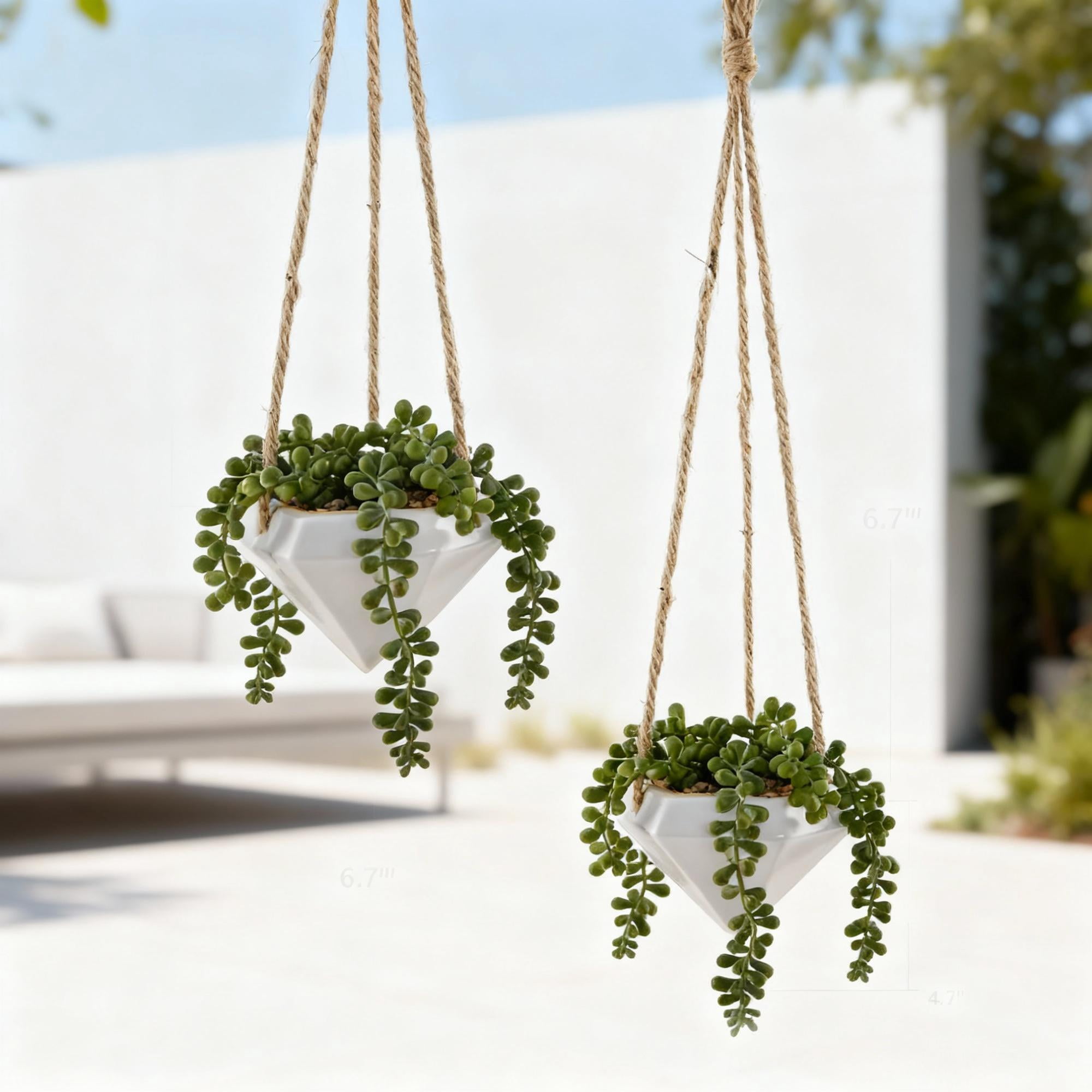 Flora Bunda CT1054E2-WH 6.75' & 4.5' Hanging Geo Planter  SET OF 2,White