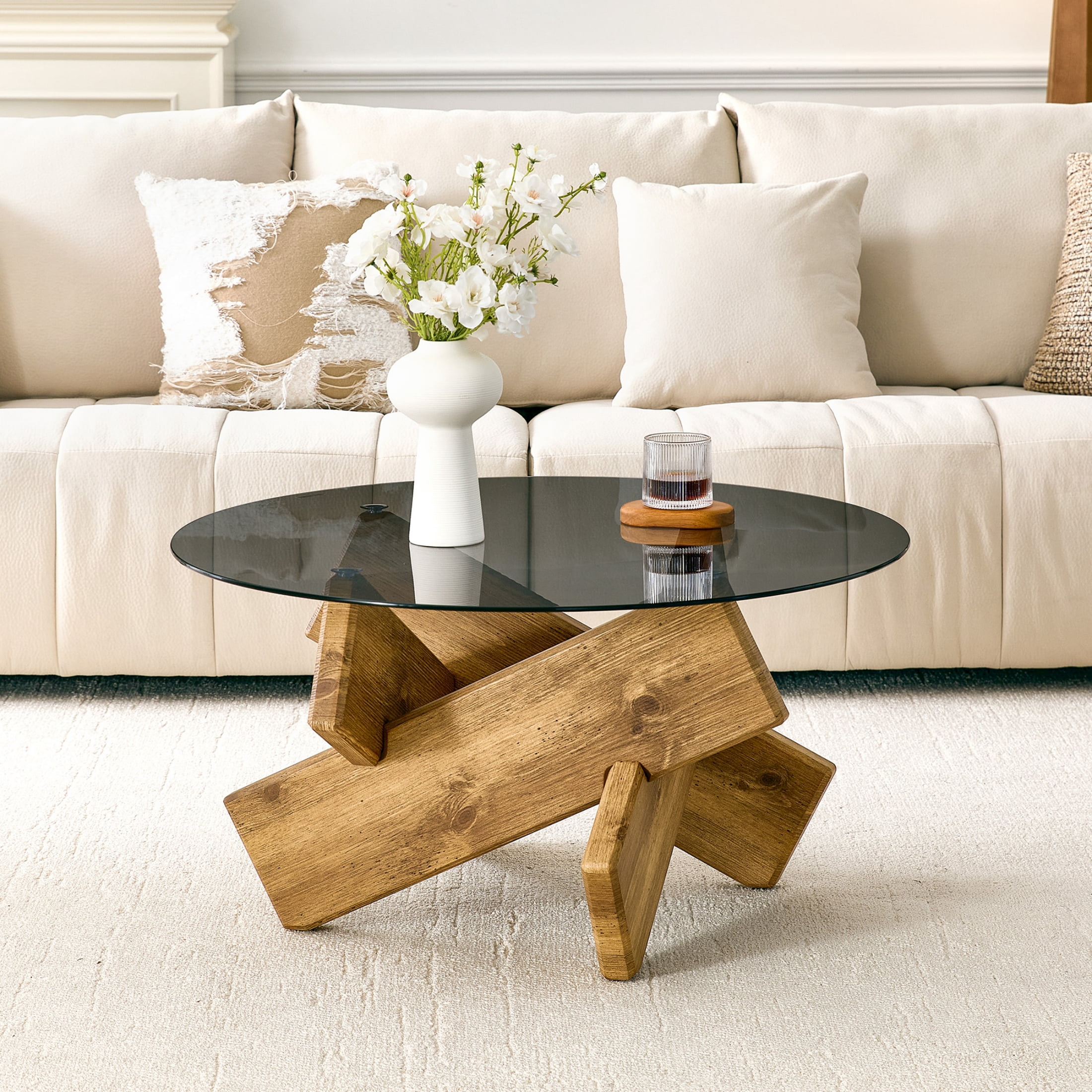 Vinform Round Coffee Table for Living Room, Gray Glass, Natural Wood