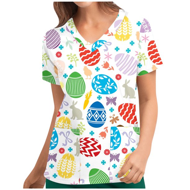 Ichuanyi Womens Swimsuits Clearance Women Short Sleeve V-neck Tops Uniform Easter Printed Pockets Blouse Nursing Ichuanyi Ichuanyi