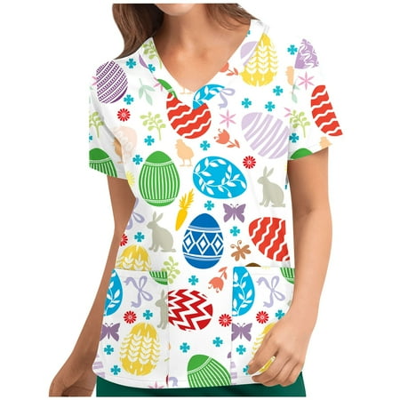 

Scrub Tops for Women US Patterned Easter T Shirt Ladies Short Sleeve Easter Egg V Neck Loose Fit Cute Bunny Graphic Print Rabbit Shirts Tees Pockets Nursing Uniform Workwear Summer Tunic Tops