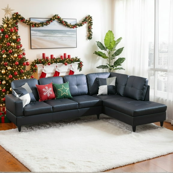 Hommoo 2-Piece Faux Leather Sofa Set, Living Room Furniture Set, L-Shaped Sectional Sofa Couches for Living Room, Black