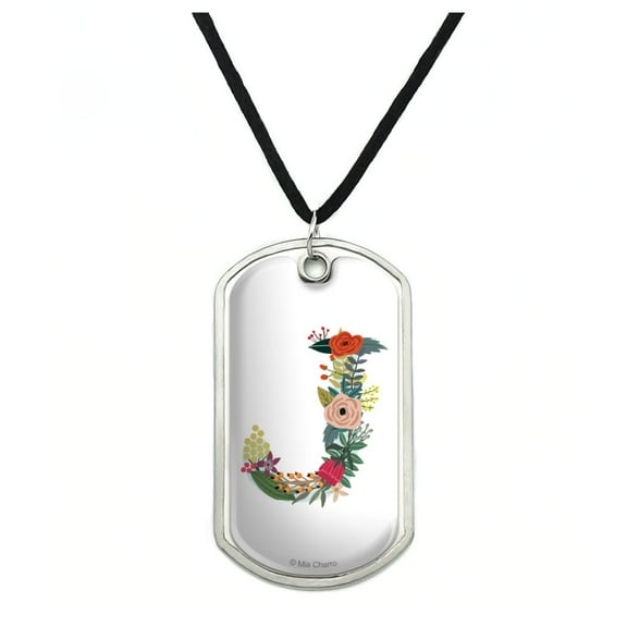 Letter J Floral Monogram Initial Military Dog Tag Pendant Necklace with Cord