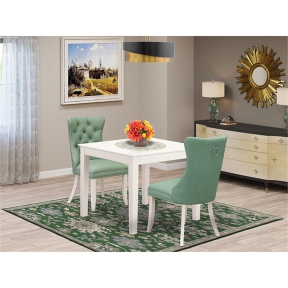 East West Furniture OXDA3-LWH-22 3 Piece Dining Room Table Set Contains a Square Kitchen Dining Table and 2 Upholstered Parson Chairs, 36x36 Inch, linen white