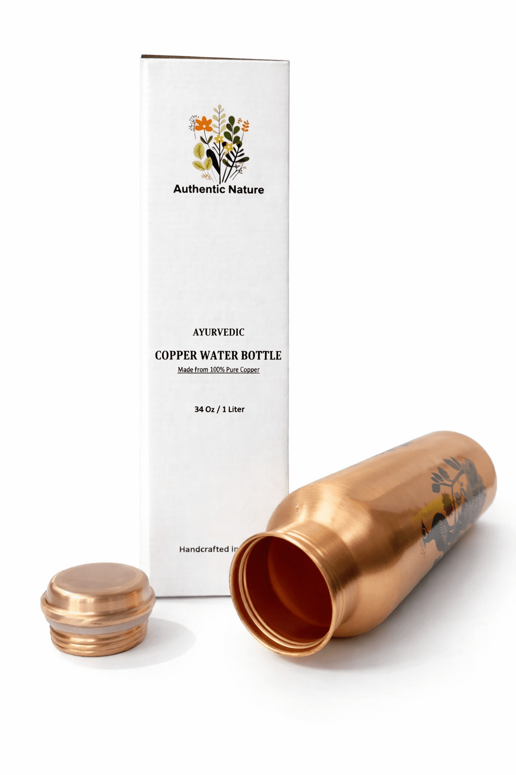 Authentic Nature Ayurvedic Copper Water Bottle, Pure Copper, 1 Litre/34 Oz, Peacock Design , With Health Benefits, Handcrafted in India