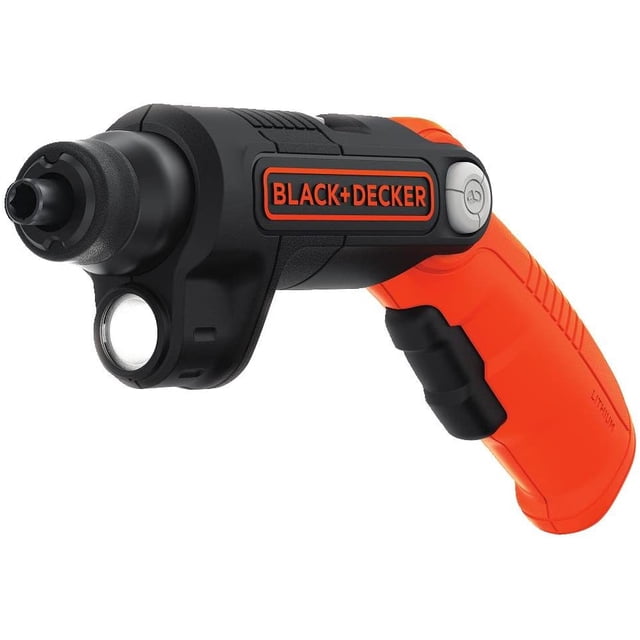 destornillador inalámbrico black + decker bdcsfl20c recargable luz led 4v max compacto ligero negro y anaranjado 3/4 perfil; atornillador eléctrico de mango pivotante naranja y negro, portabrocas hexagonal corto y luz LED frontal integrada; ideal para trabajos ligeros y montaje rápido, fácil de guardar.