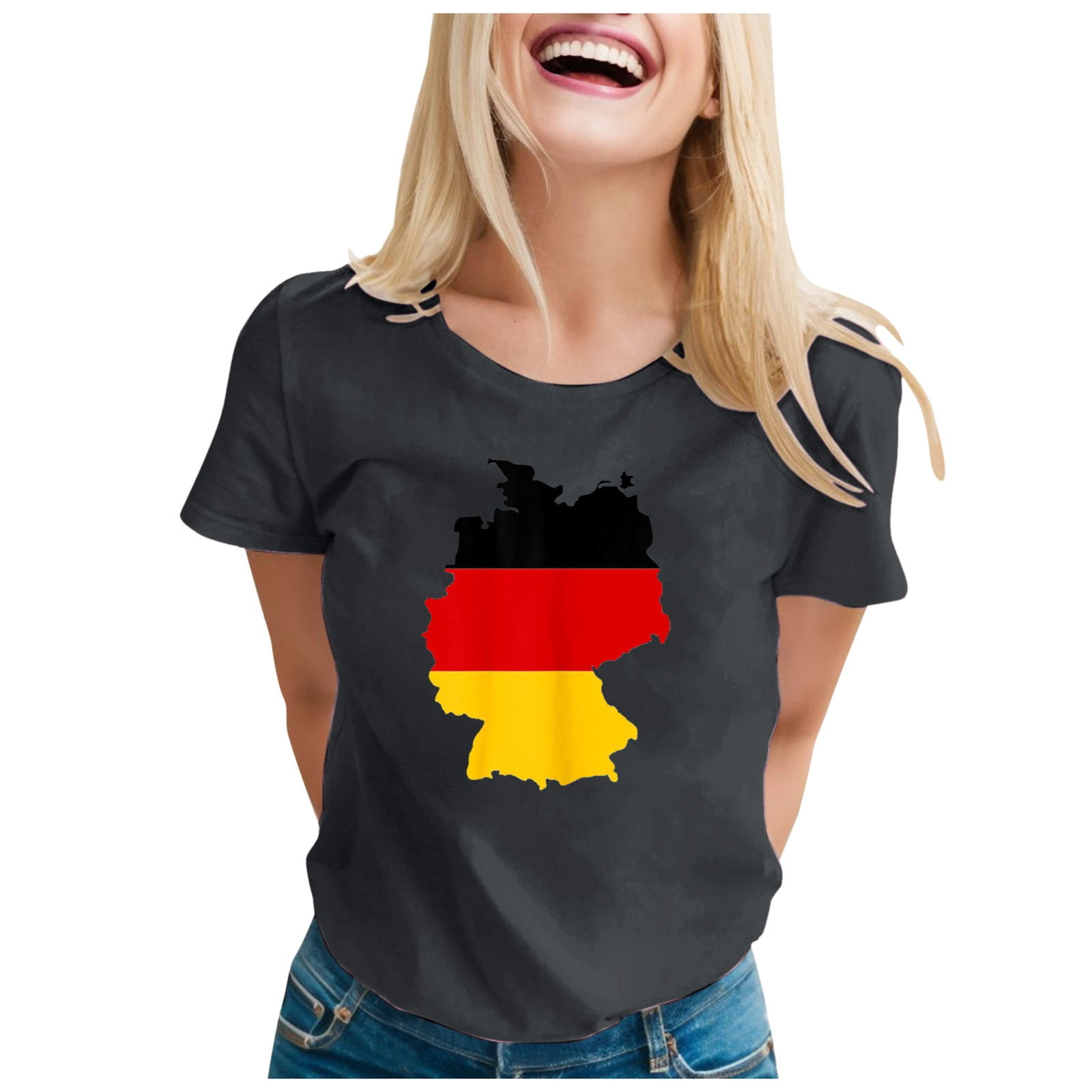 TSADFHJI Hauts et Blouses pour Femmes pour l'Automne Hauts Décontractés Mode Manches Courtes Col Rond T-Shirt Imprimé Ample m Gris Foncé