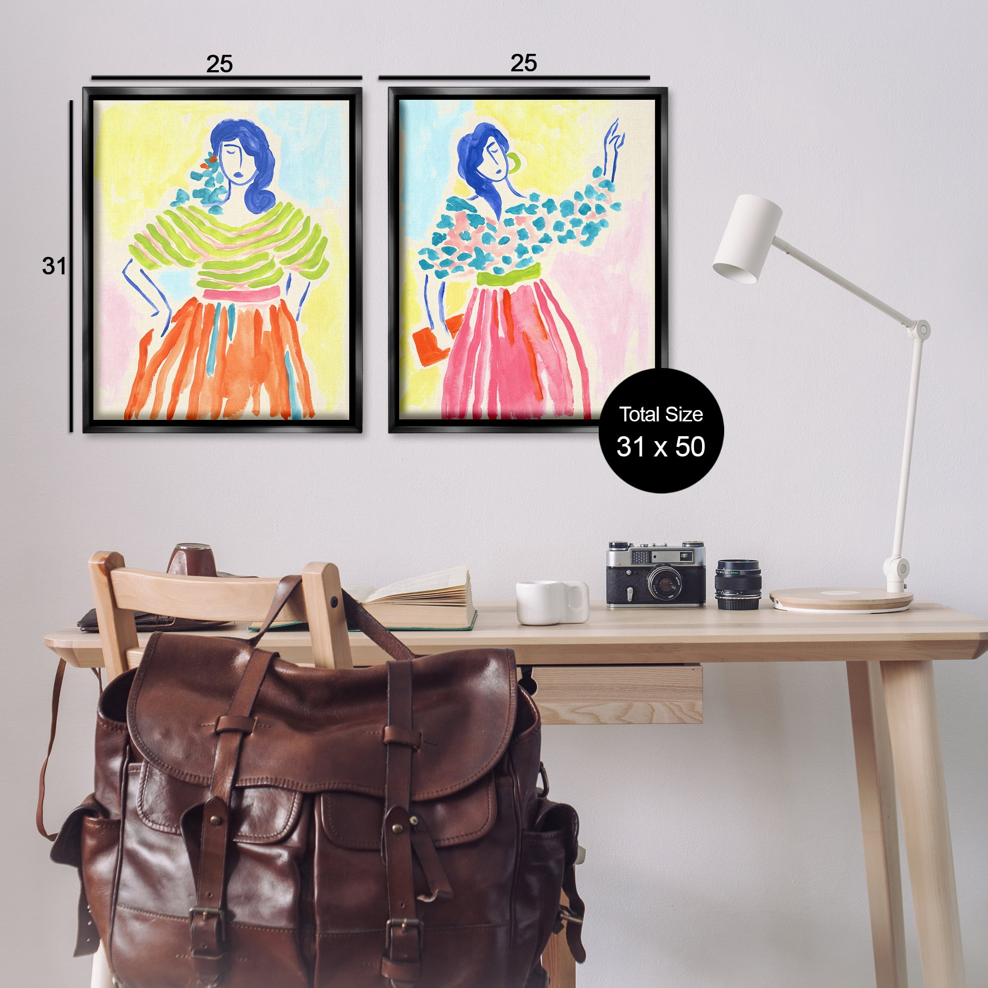 Stupell Industries Stylish Women Bright Hues People Painting Black Floater Framed Canvas Art Print Wall Art, 31 x 25, Set of 2
