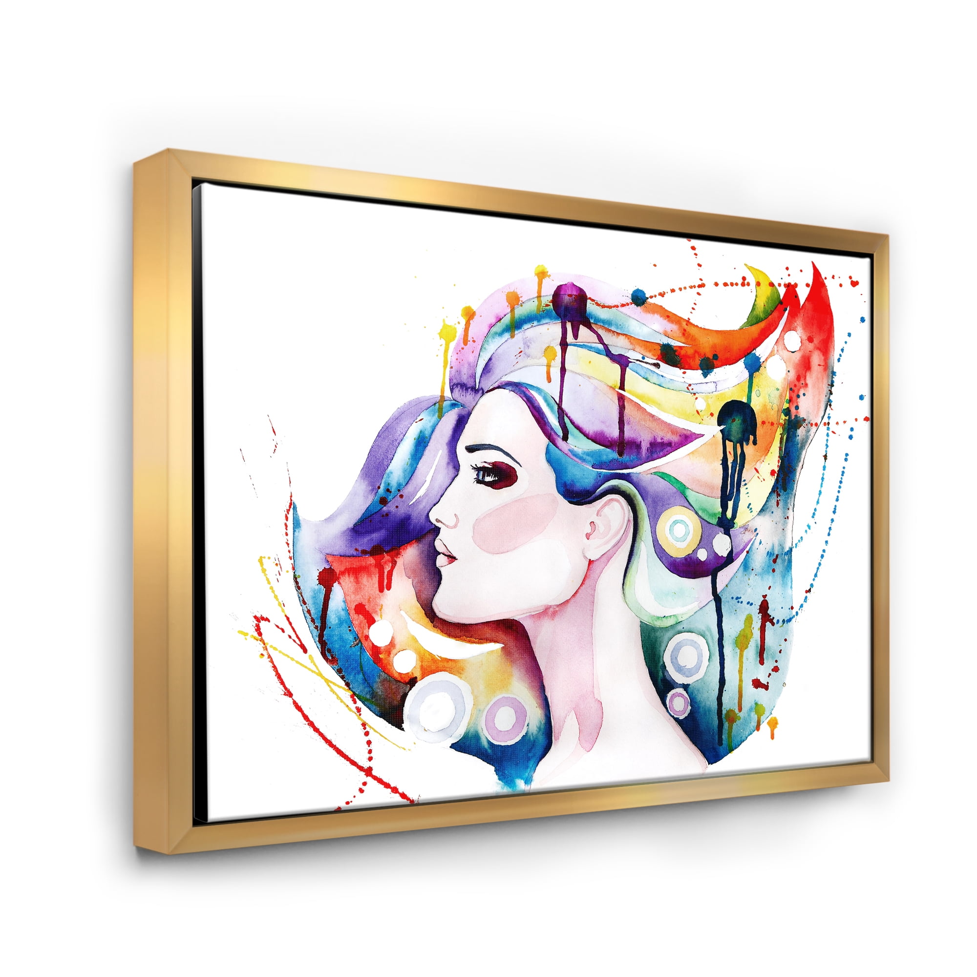 Designart 'Beautiful Young Woman With Colorful Hair' Traditional Framed Canvas Wall Art Print