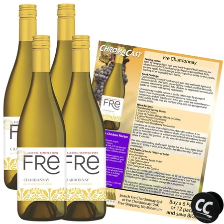 Sutter Home Fre Chardonnay Non-Alcoholic White Wine Experience Bundle with Chromacast Pop Socket, Seasonal Wine Pairings & Recipes, 12/750ML, 4-Pack