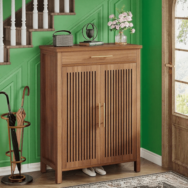 Entryway Shoe Cabinet, 2 Louvered Doors, 5-Tier Flexible Storage (20 Pairs), Large Drawer, MDF Construction with Anti-Tip Device, for Farmhouse/Contemporary Decor