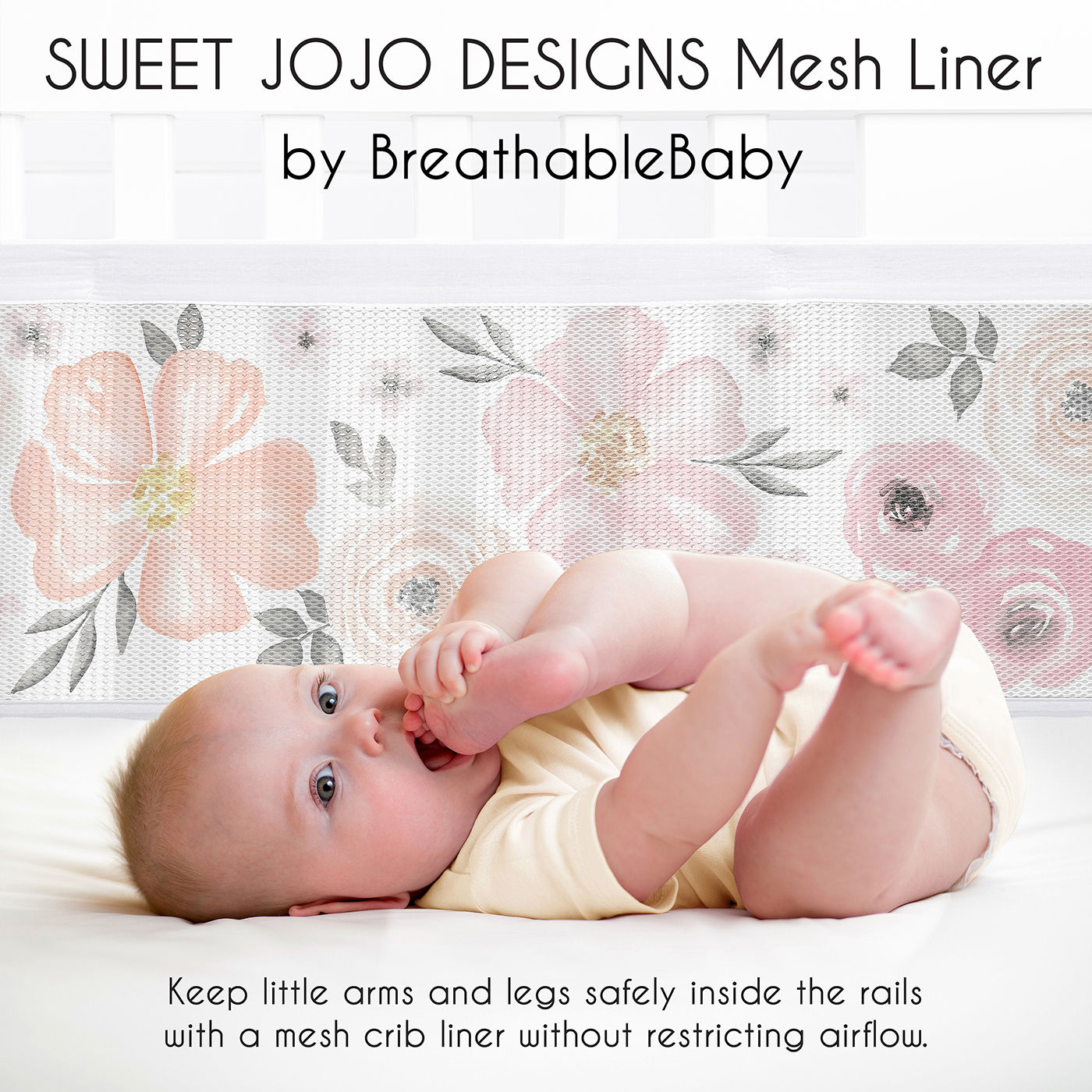 Sweet Jojo Designs + BreathableBaby Watercolor Floral Pink Grey and White Breathable Mesh Crib Liner Pad
