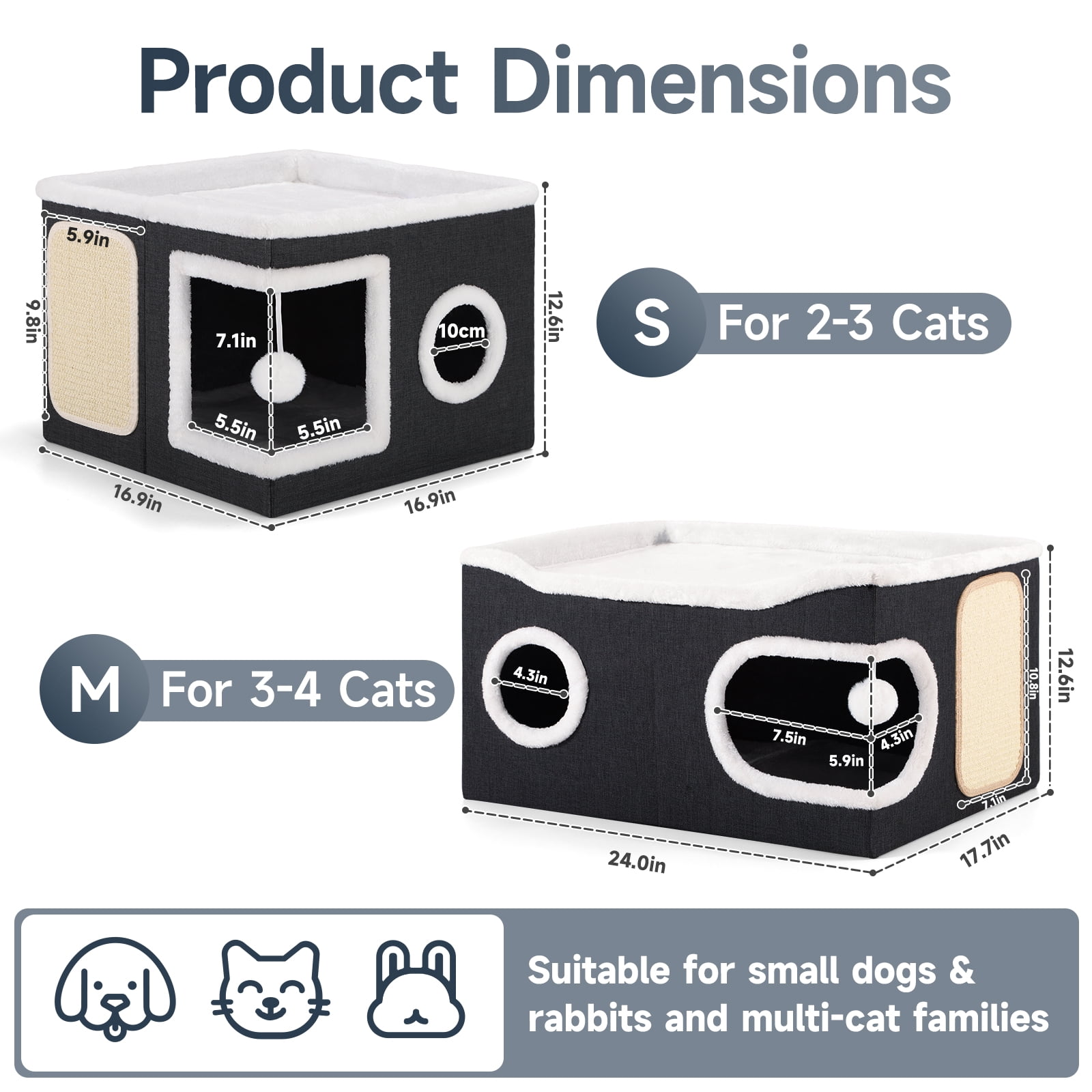 Cat Beds for Indoor Cats, Extra Wide Large Cat House for Pet Cat Cave with Scratch Pad and Fluffy Hanging Ball,Foldable Cat Cube Hideaway,Black