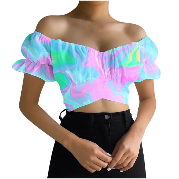 Blusa corta fruncida con hombros descubiertos y estampado de manga corta sin tirantes para mujer Pompotops hkajfhjk473561