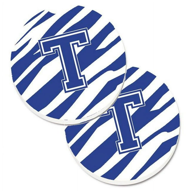 Carolines Treasures CJ1034-TCARC Monogram Initial T Tiger Stripe Blue & White Set of 2 Cup Holder Car Coaster