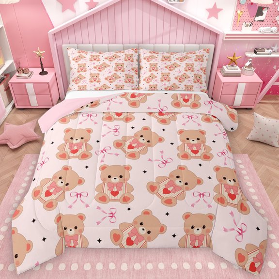 Feelyou Cartoon Doll Bear Full Size Comforter Sets for Teens, Dreamy Pink Bowknot Bedding Comforter Set, Kawaii Stars Print Reversible Bedding Sets, Breathable Home Decor, 3 Pieces