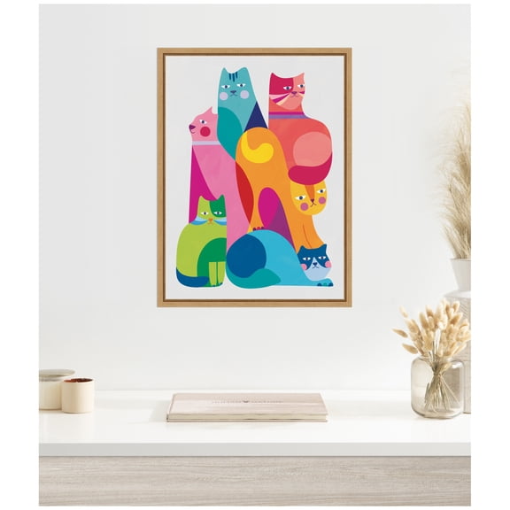 Kate and Laurel Framed Canvas Wall Art Print Modern Abstract Cats by Rachel Lee, 18 x 24 Sylvie Natural Frame, Whimsical, Abstract Art for Wall Decor