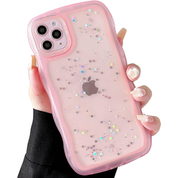 for iPhone 11 Pro Max Case 6.5 inch Curly Wave Shape Edge Transparent Bling Glitter Star Shiny Case Cute Clear Transparent Full Protection Soft TPU Shockproof Phone Cover for Women Girls,Pink