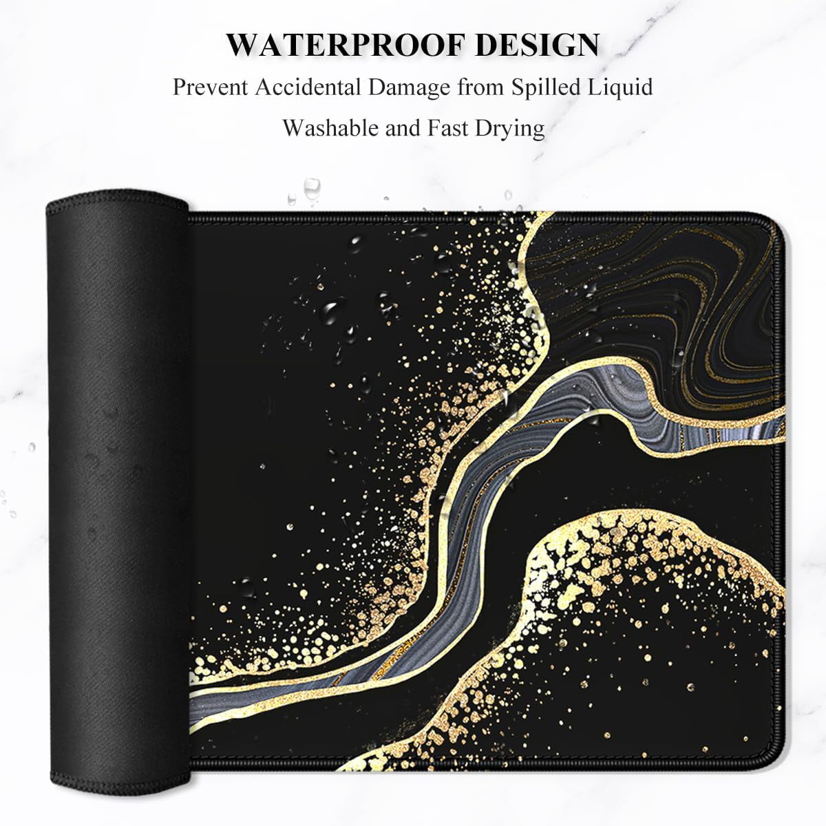 Extended Mouse Pad, XXL Desk Pad Gaming Mousepad, Large Big Laptop Computer Keyboard Desk Mat with Non-Slip Base Stitched Edge for Gaming Office Men Women, 35.5 x 15.7 in, Black Marble