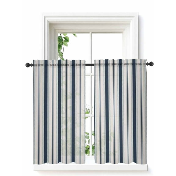 Navy Blue Beige Tier Curtains 45 Inch Length,Sheer Curtains for Bedroom Living Room Window Retro Simple Abstract Vertical Stripes Voile Drapes Kitchen Curtains Small Half Window 27.5"x45" 2 Panels