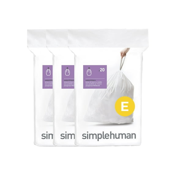 simplehuman Code E Custom Fit Drawstring Trash Bags in Dispenser Packs, 60 Count, 20 Liter / 5.3 Gallon, White