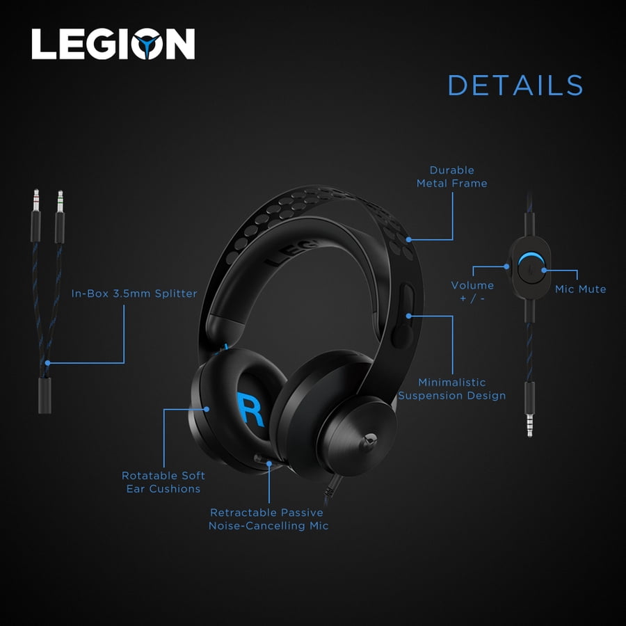 Lenovo Legion H300 Over-Ear Gaming Headset, Retail Packaging with Noise-cancelling Mic, Black