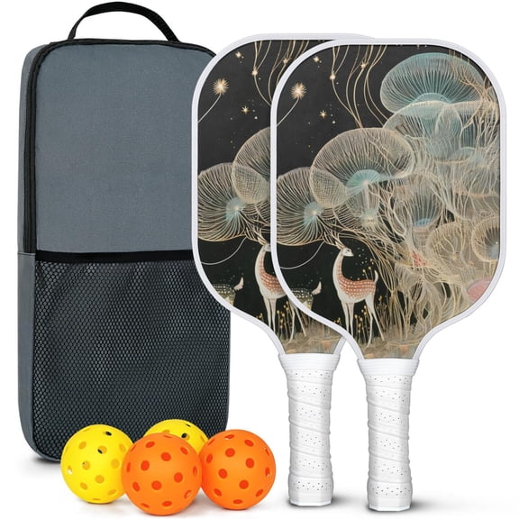 Pickleball Paddles Set Of 2, Fiberglass Surface, Mysterious Fairyland Print, 4 Balls & Bag