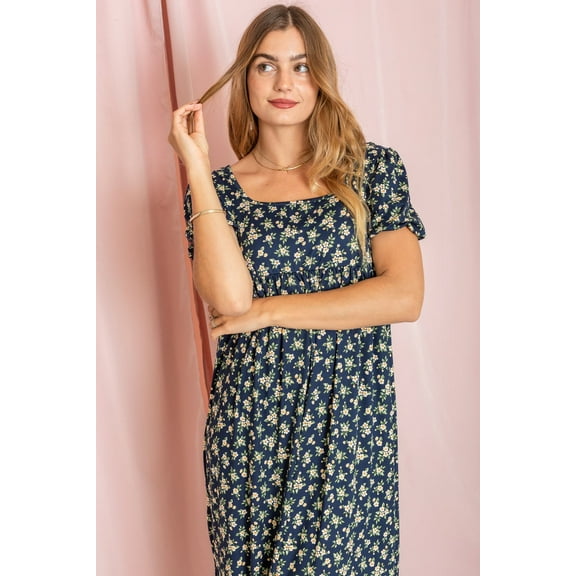 Navy Ditsy Floral Puff Sleeve Empire Waist Maxi Dress